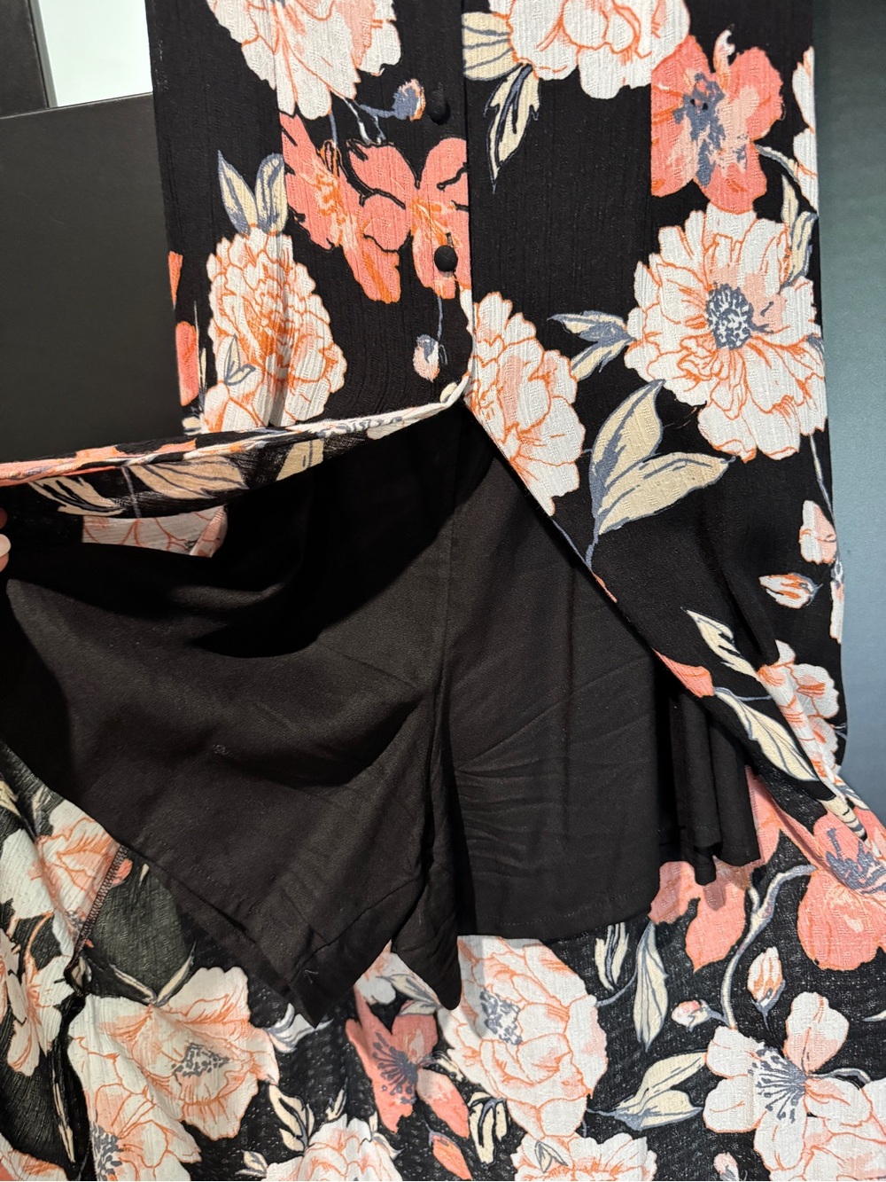 Roxy Black Floral High-Low Maxi Dress with Peach Blooms and black romper under. - Picture 6 of 8
